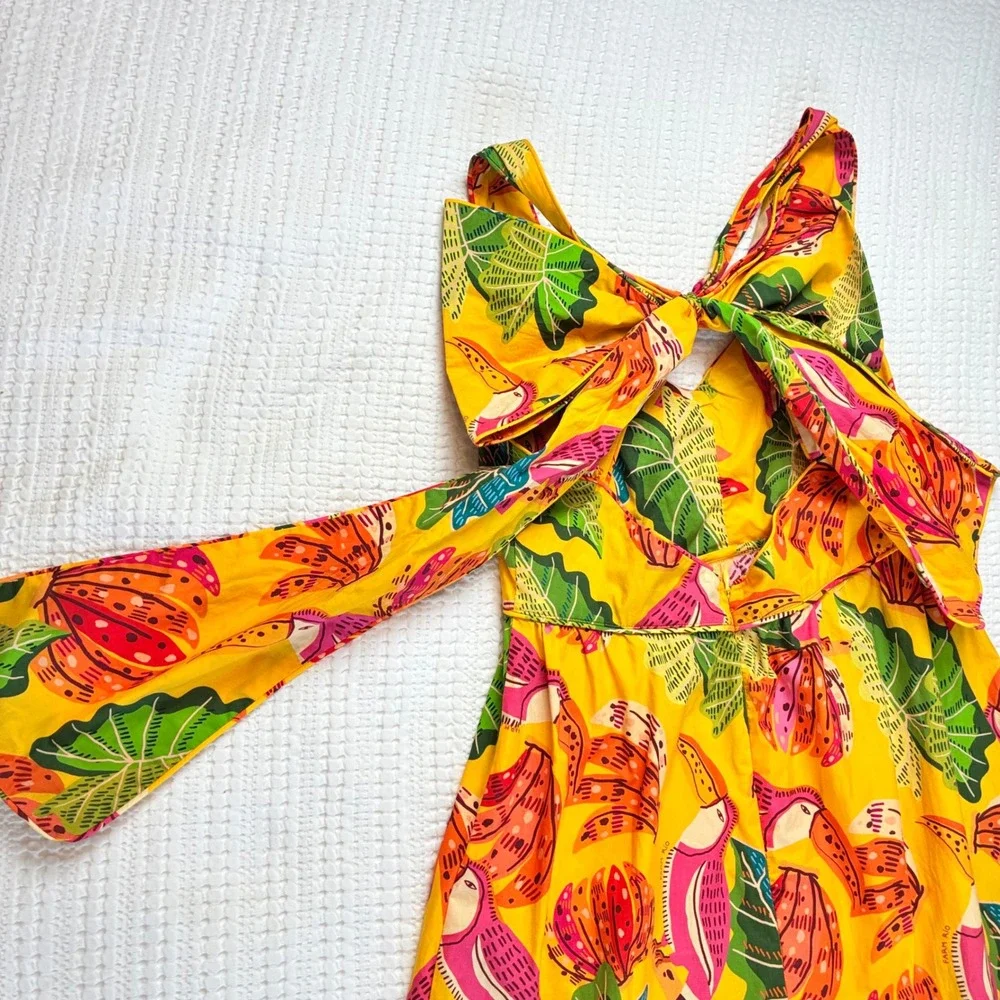 Farm Rio Yellow Tropical Toucan Banana Print Tiered Tie Back Maxi Dress Cotton